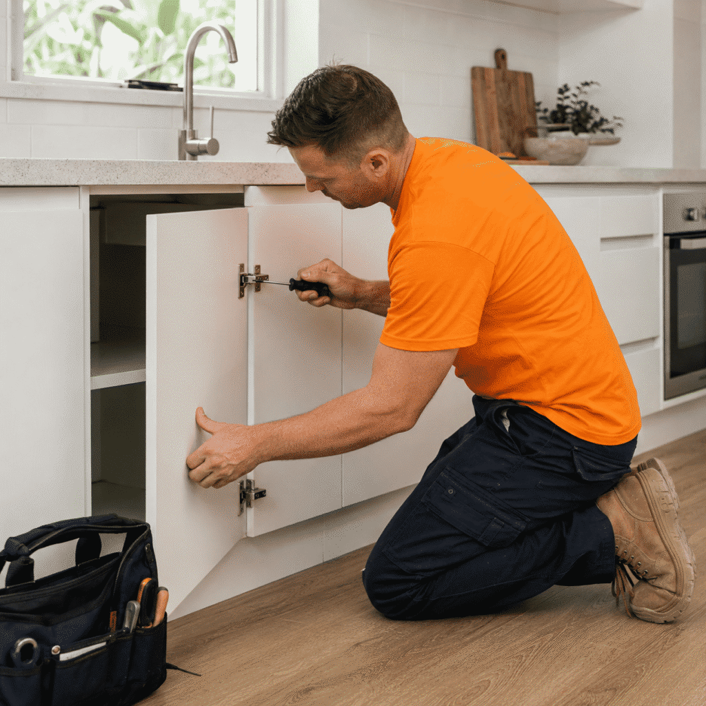 Tradesman adjusting a kitchen cabinet hinge during maintenance at a Brisbane home