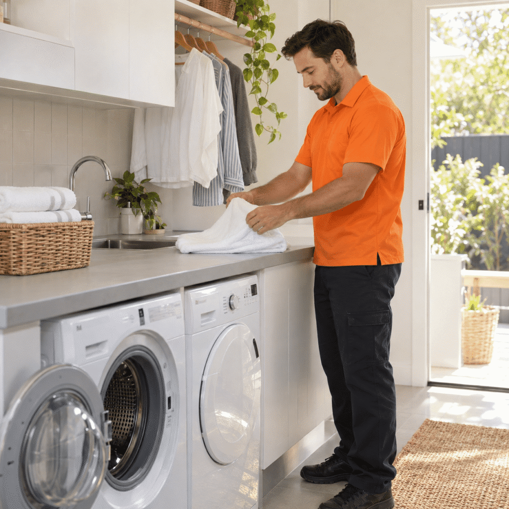 Professional folding freshly cleaned towels in a residential laundry in Brisbane