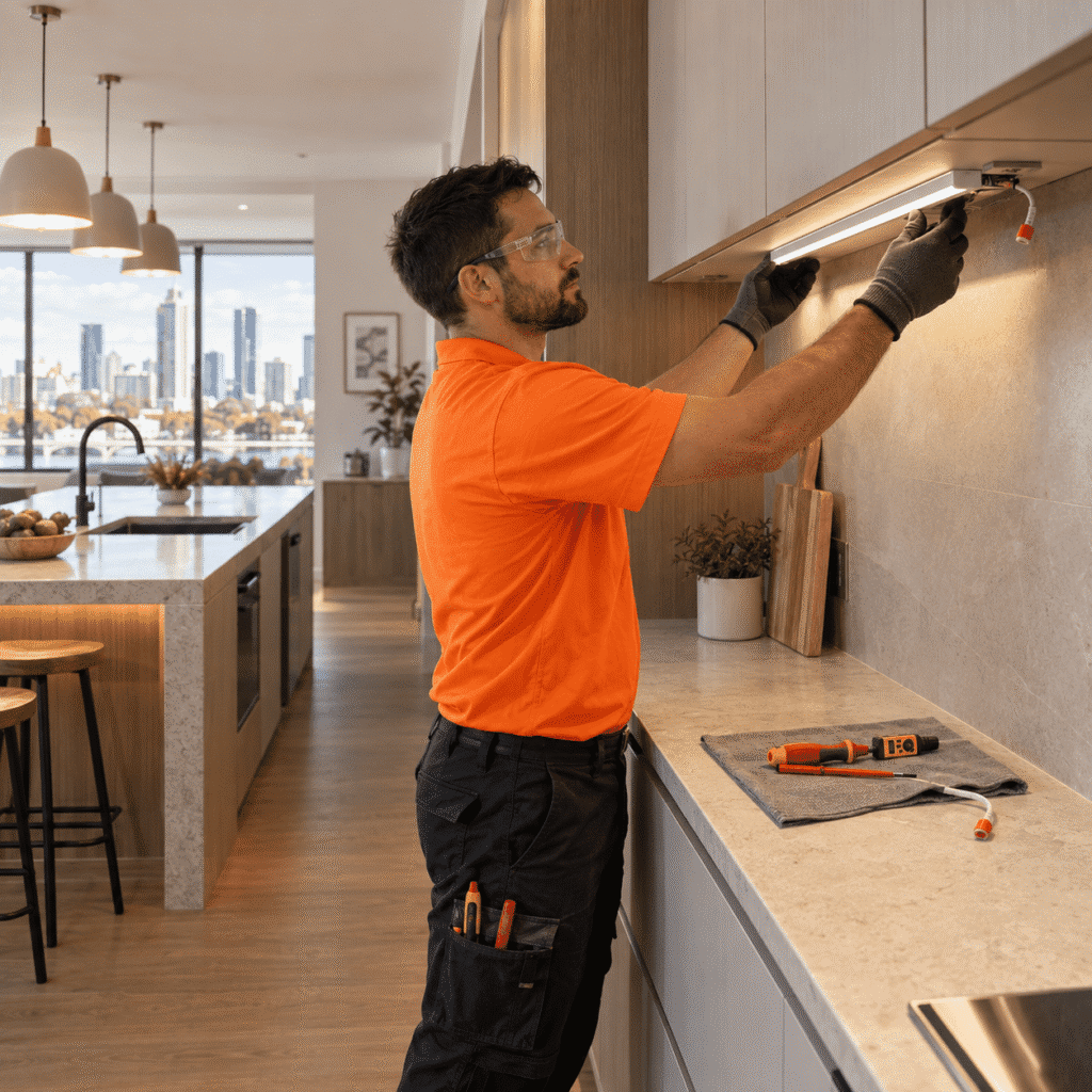 Electrician installing under-cabinet lighting in a modern Brisbane kitchen