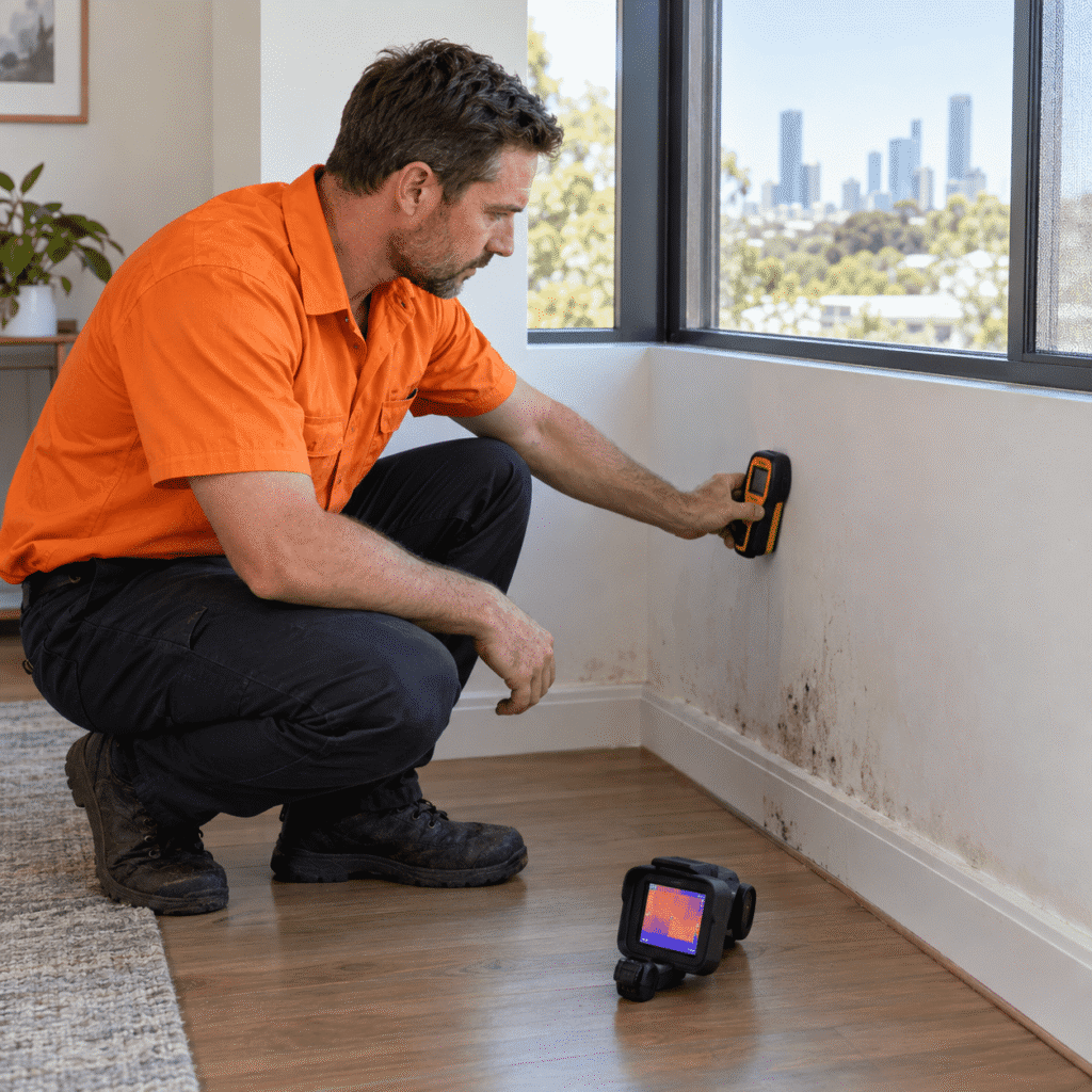Inspector using a moisture meter to assess mould and mildew on a wall in a Brisbane home