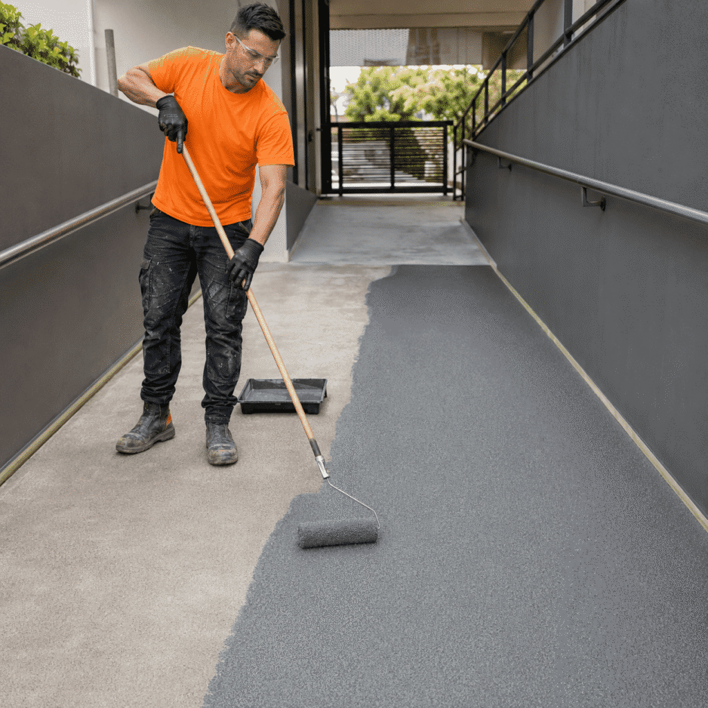 Flooring installer applying a textured non-slip coating to an access ramp at a Brisbane property