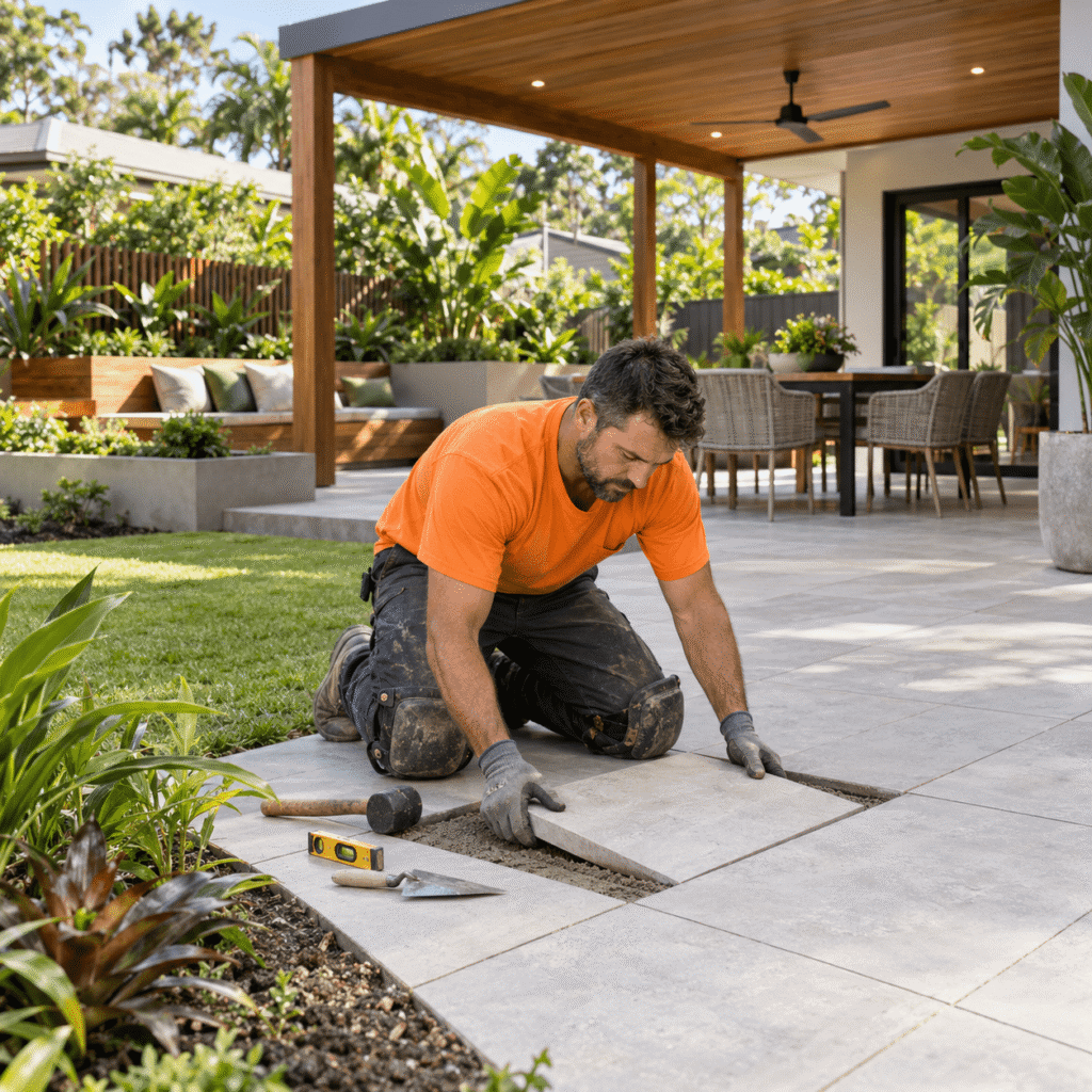 Landscaper installing paving in a designed outdoor living area at a Brisbane home