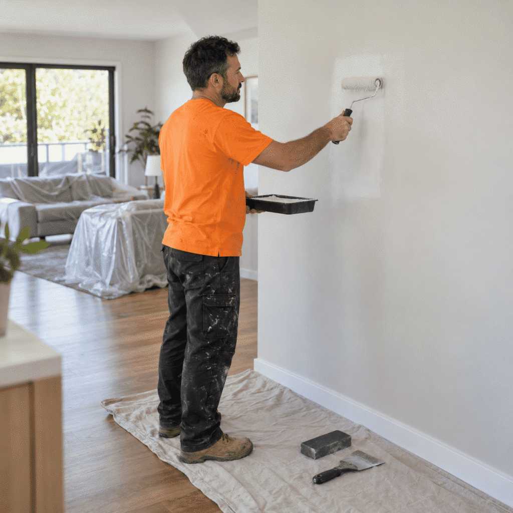 Tradesman painting and blending a repaired plaster wall in a Brisbane home