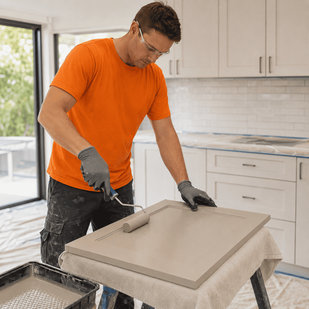 Tradesman applying a smooth painted finish to a kitchen cabinet door in a Brisbane home