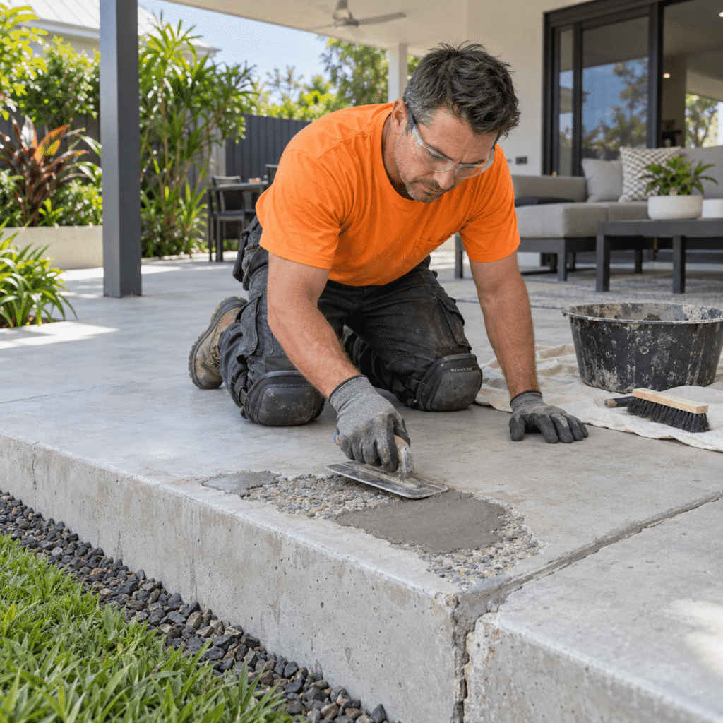 Concrete tradesman repairing a spalled patio edge at a Brisbane home