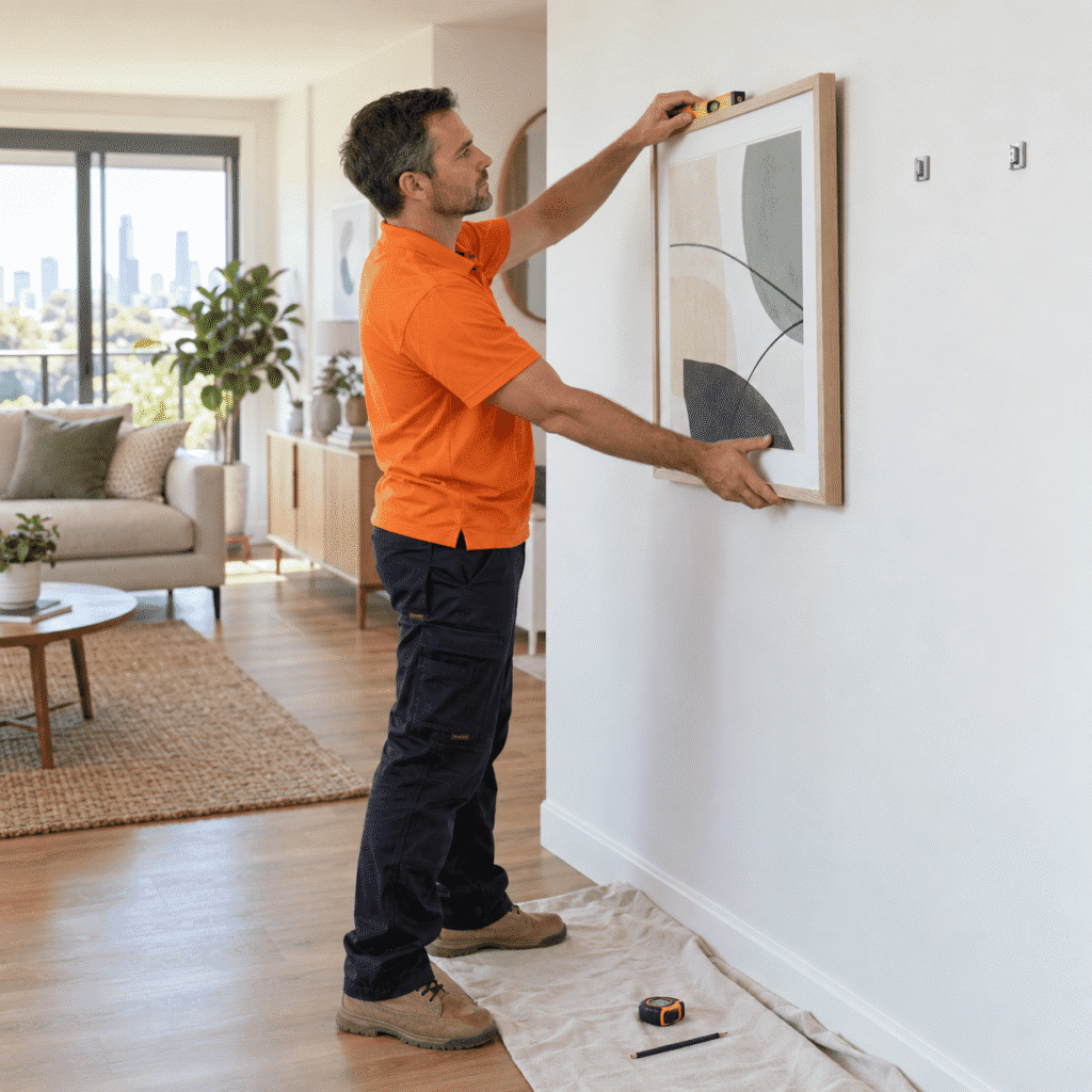 Handyman levelling and securely mounting framed artwork in a Brisbane home