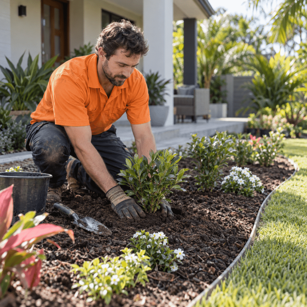 Landscaper in an orange shirt planting a shrub in a prepared garden bed at a Brisbane home.