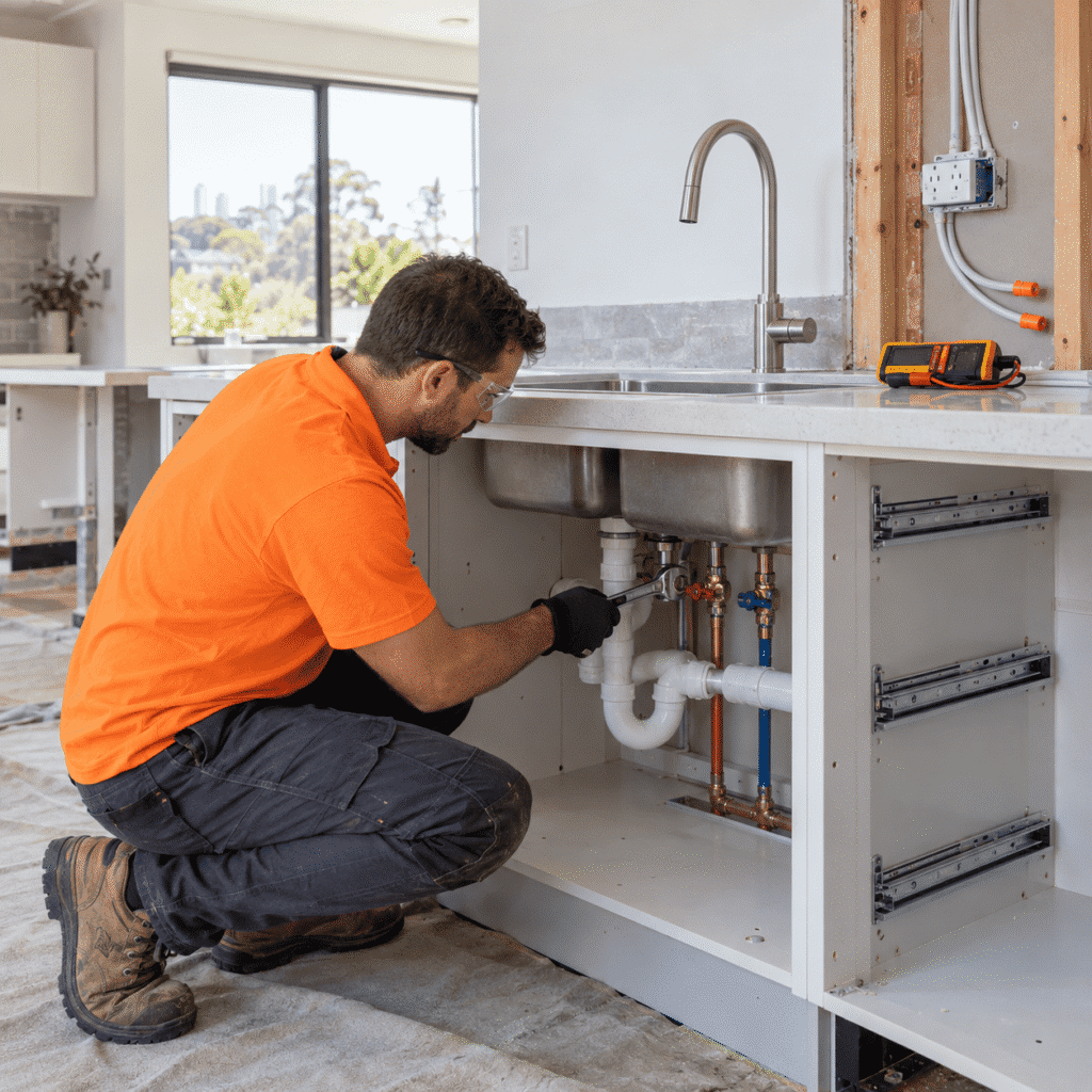 Tradesman completing plumbing and electrical upgrades during a Brisbane kitchen renovation