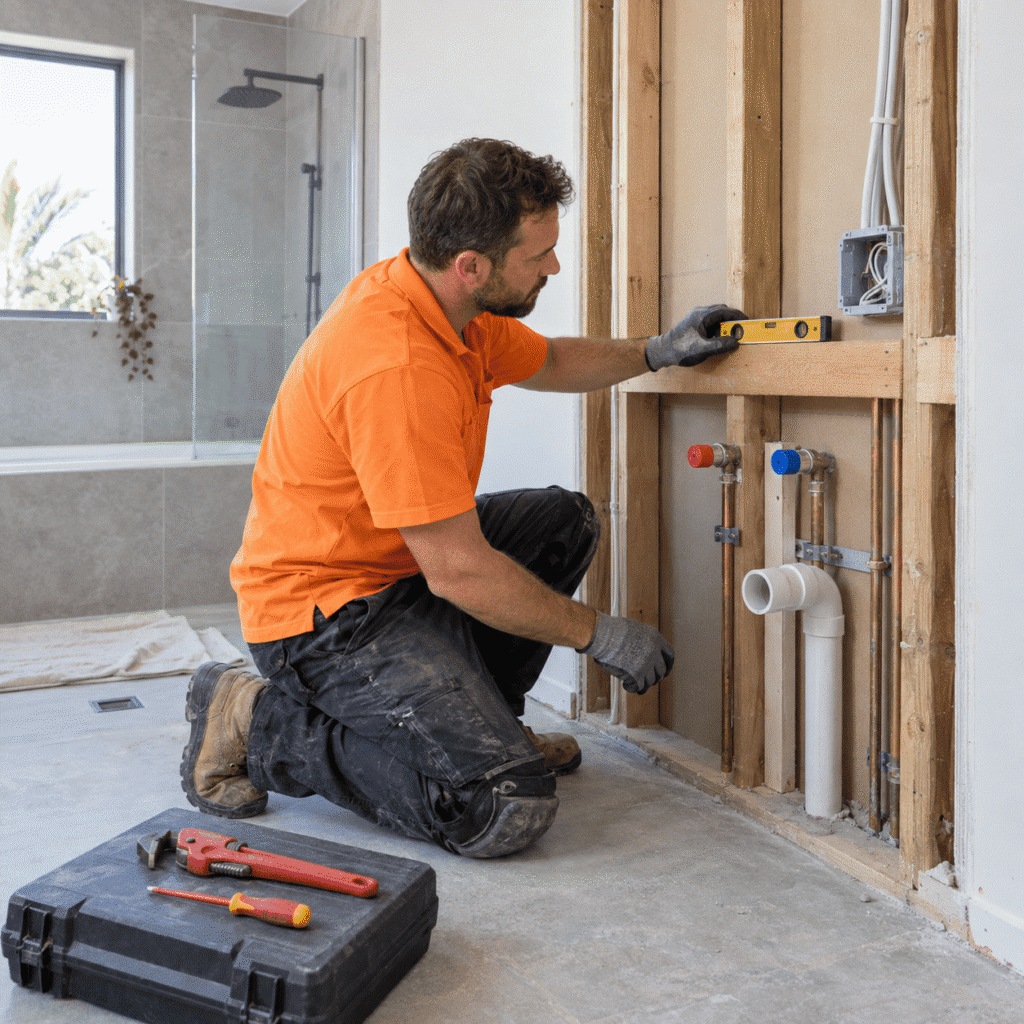 Tradesman checking plumbing and electrical rough-ins during a Brisbane bathroom renovation