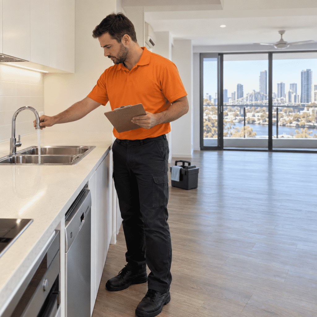 Property maintenance worker checking the kitchen tap in a clean, move-in-ready Brisbane rental apartment.