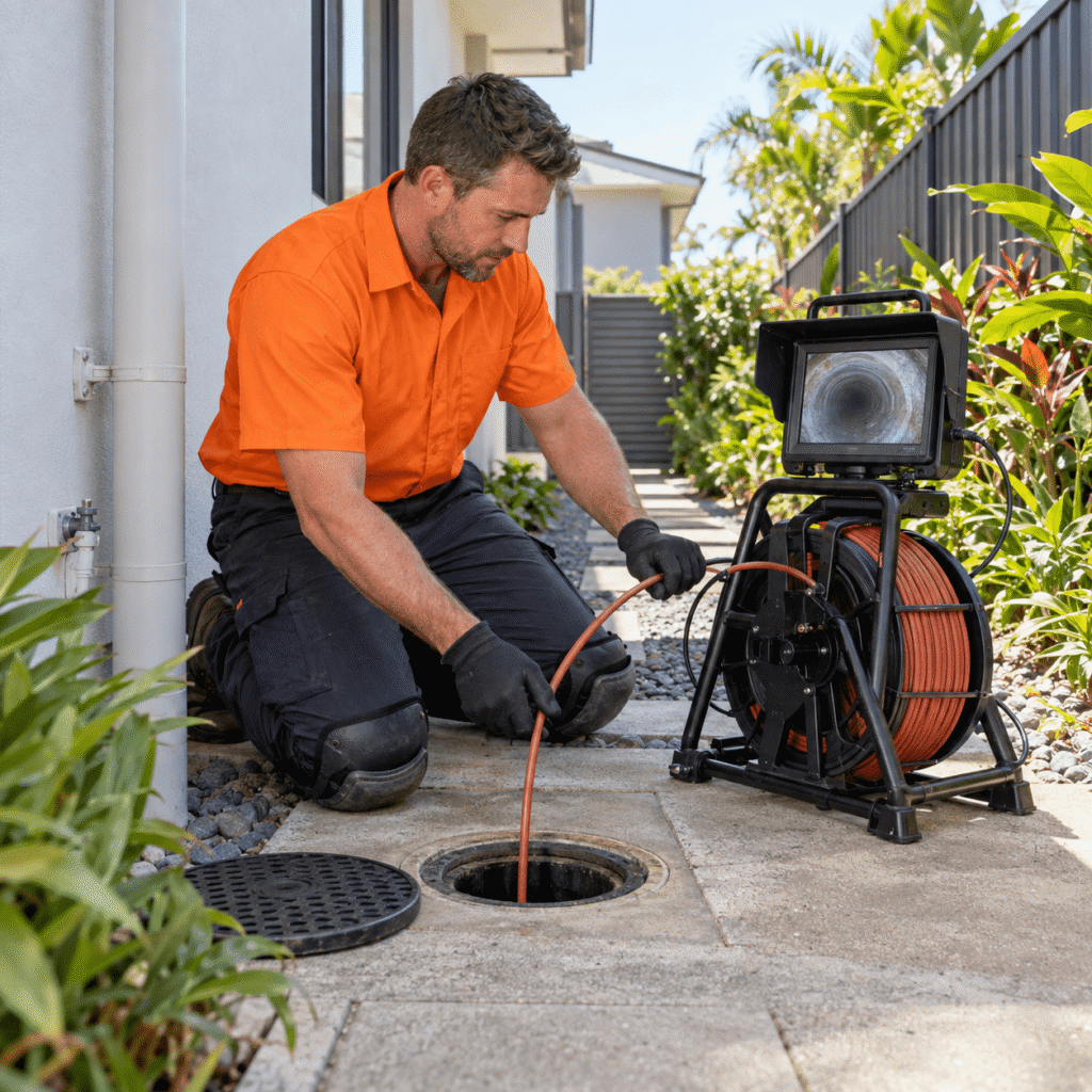 Drainage technician conducting a CCTV sewer line inspection at a Brisbane home
