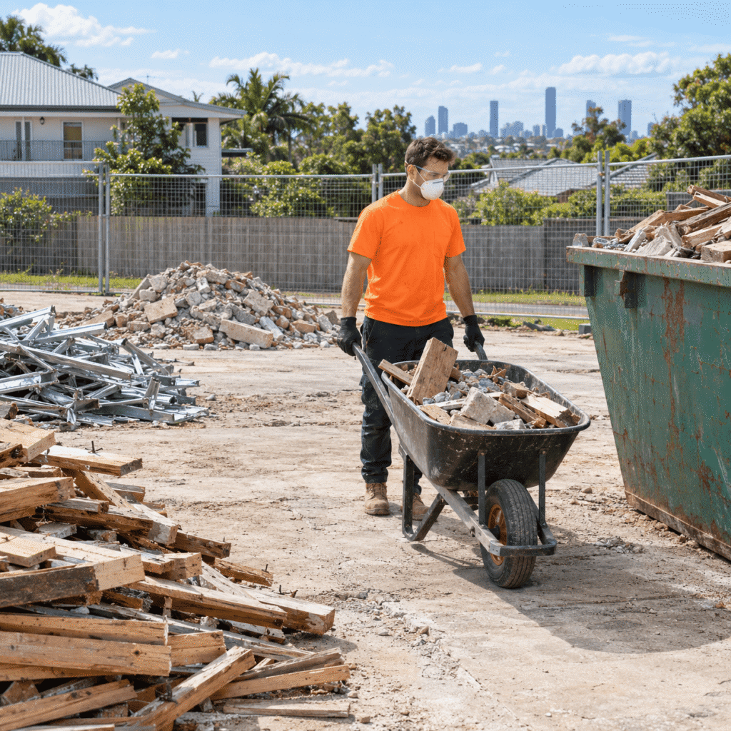 Worker sorting and removing demolition waste from a cleared residential site in Brisbane