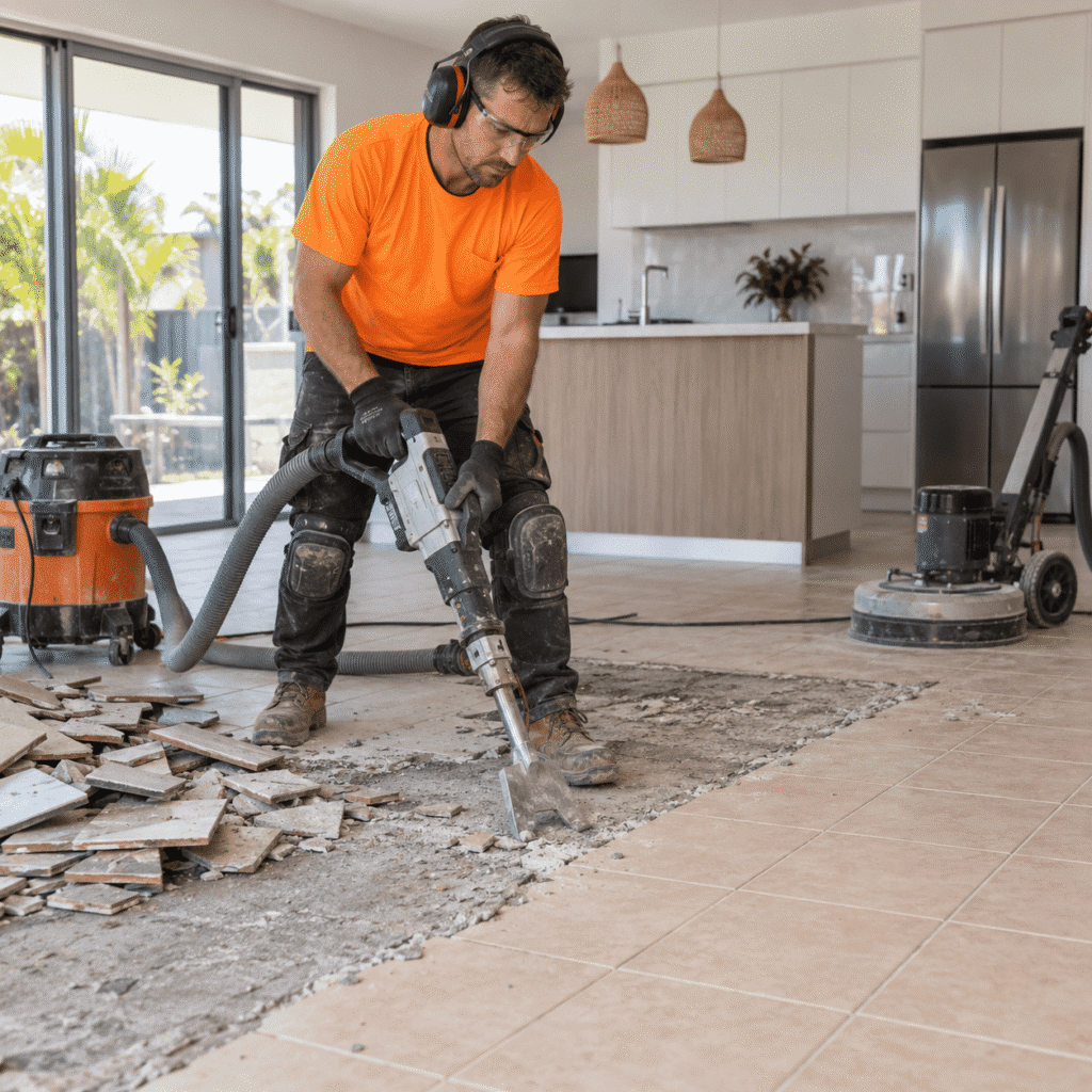 Tradesman removing old floor tiles with dust-control equipment in a Brisbane home