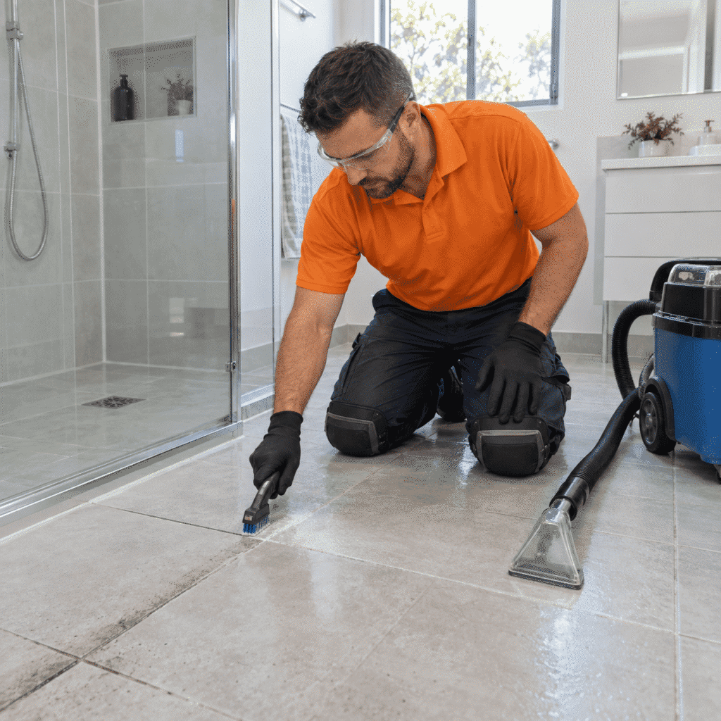 Cleaner in an orange shirt scrubbing bathroom floor grout at a Brisbane home