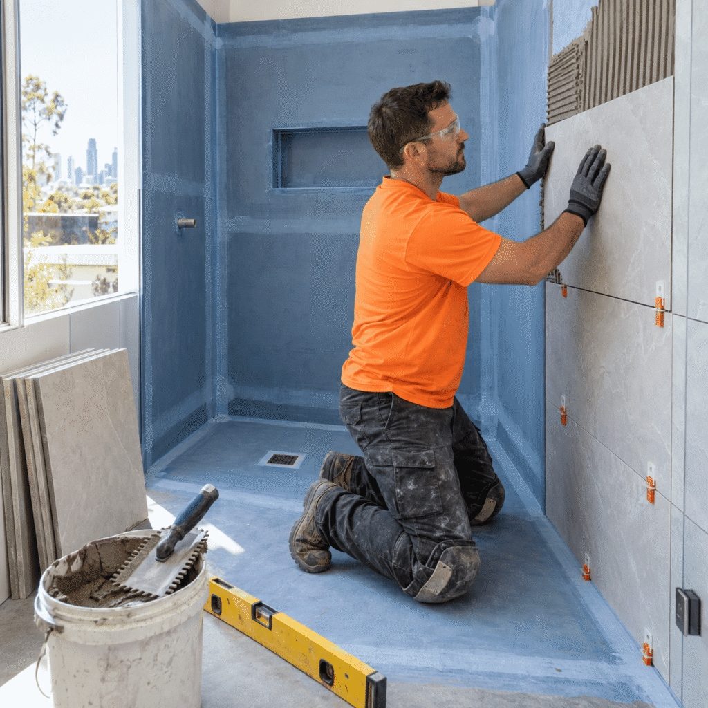 Tradesman installing wall tiles over a waterproofed shower area in a Brisbane bathroom