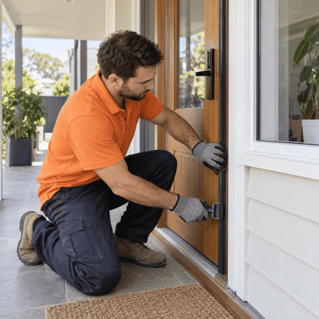 Handyman in an orange shirt installing weather stripping around an exterior door at a Brisbane home.