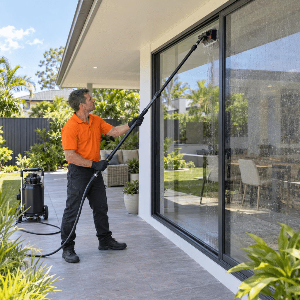 Professional cleaning exterior windows with a water-fed pole at a Brisbane home