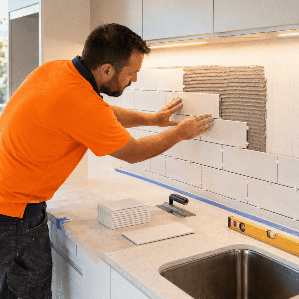Tiler installing a white ceramic tile backsplash in a modern Brisbane kitchen