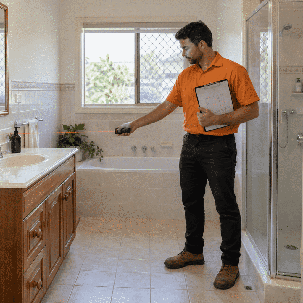 Bathroom designer measuring an existing Brisbane bathroom before planning its renovation
