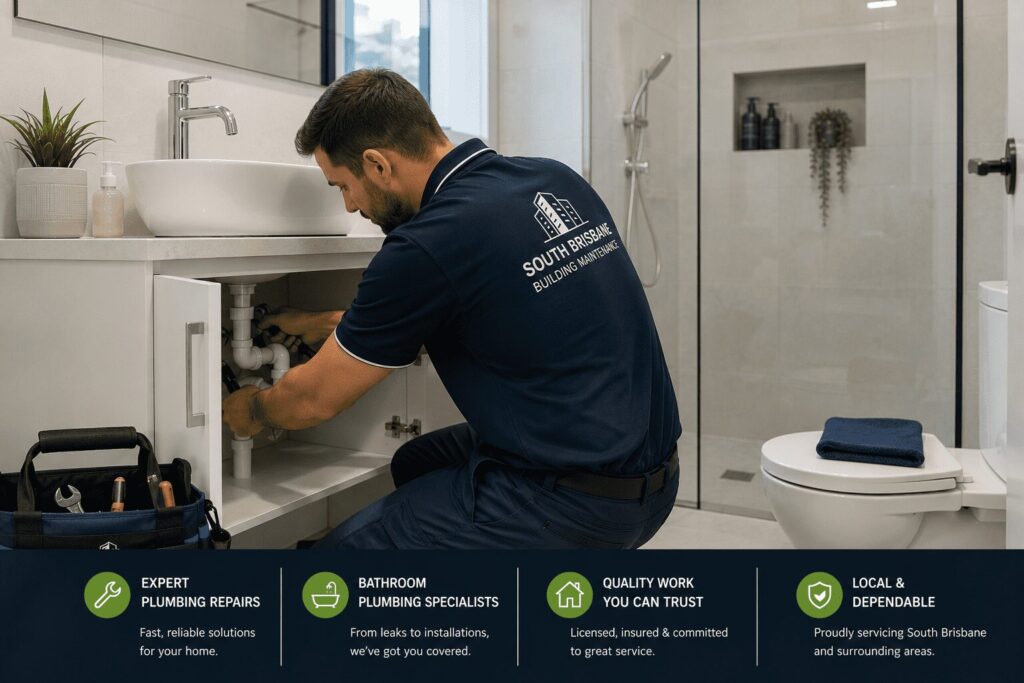 Licensed plumber repairing bathroom plumbing beneath a vanity sink in a modern residential bathroom.