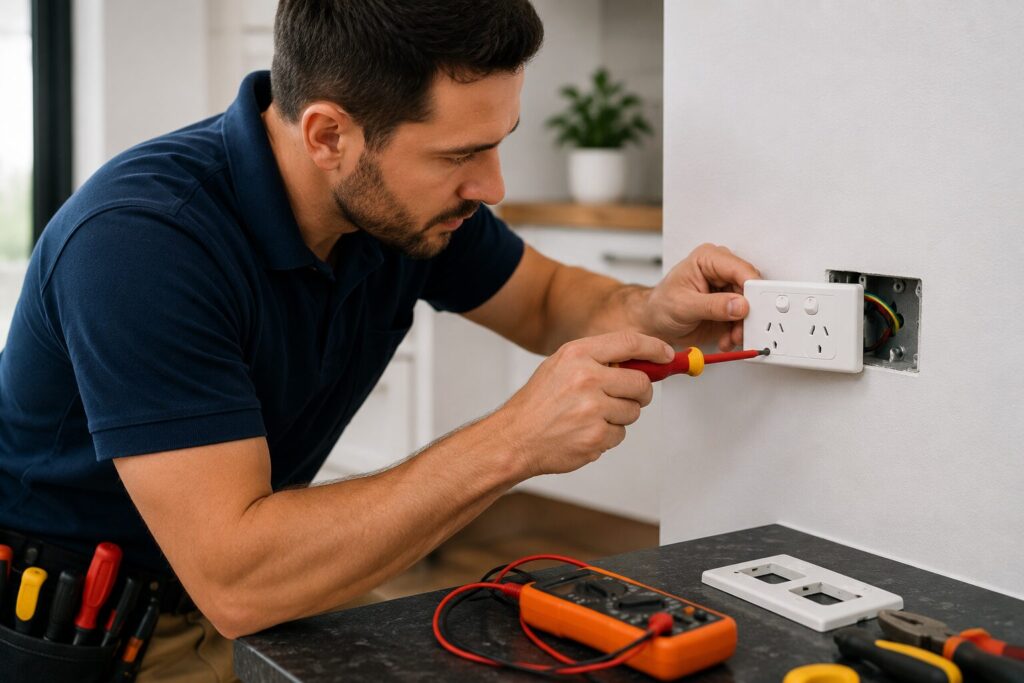 Qualified tradesman replacing a wall switch during a small electrical job in a Brisbane home
