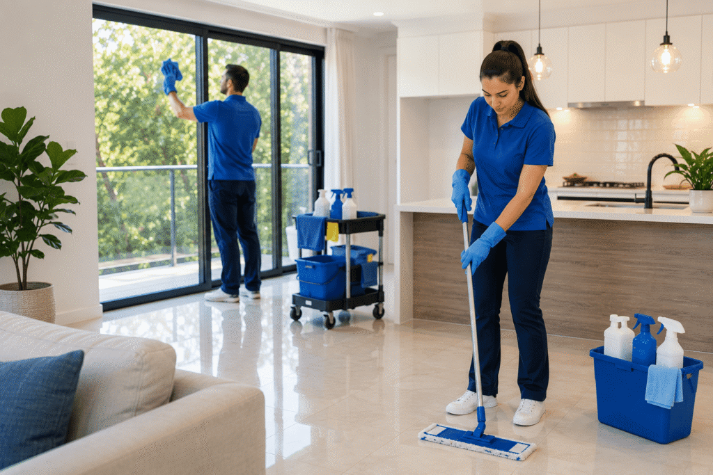 Professional cleaner completing an end-of-lease oven clean in a Brisbane rental property