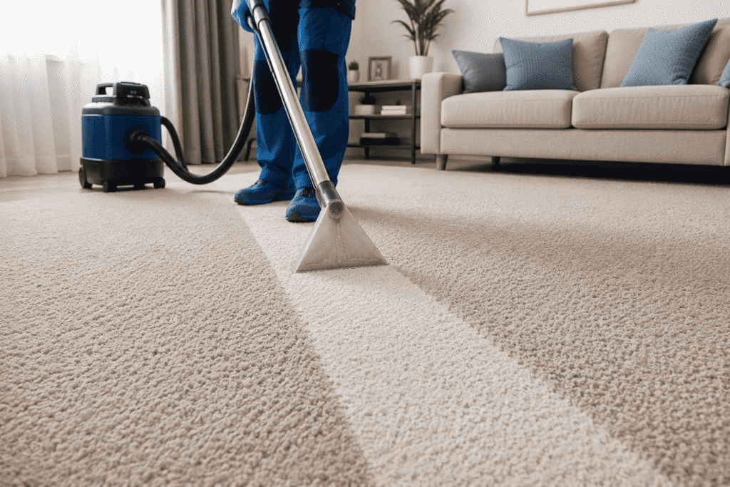 SBBM cleaner using extraction equipment to clean a fabric sofa and carpet in a Brisbane home.