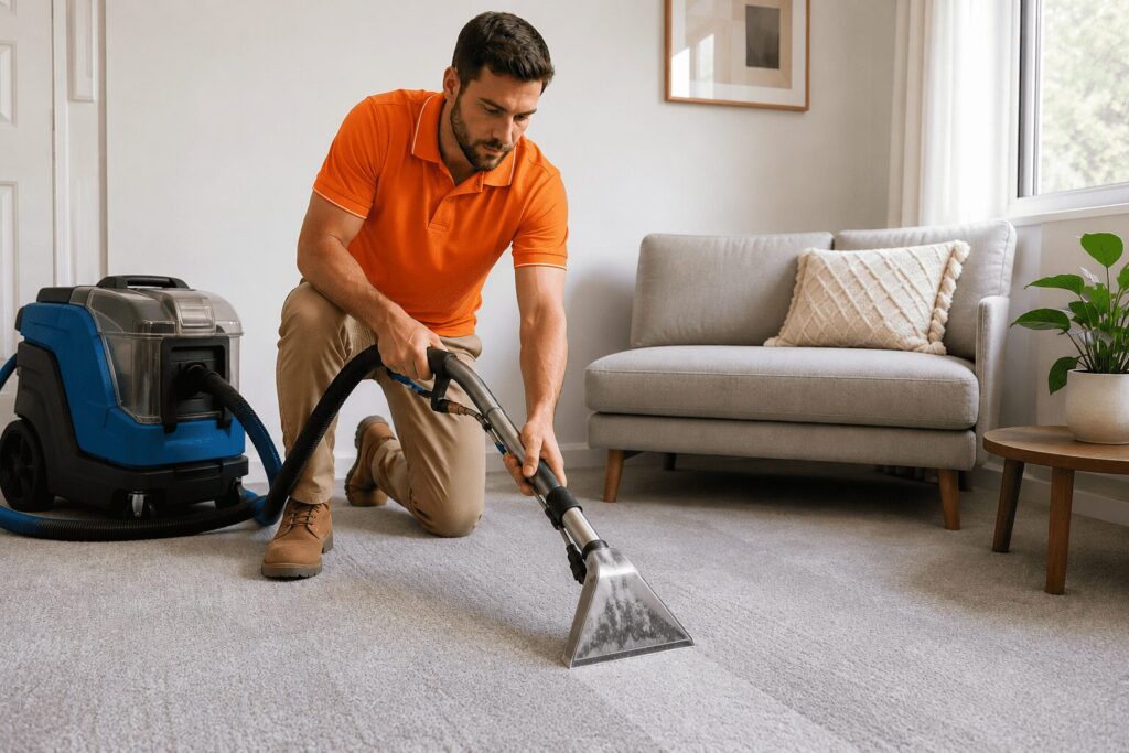 Professional carpet cleaner steam cleaning a residential carpet using commercial-grade extraction equipment in a modern home.