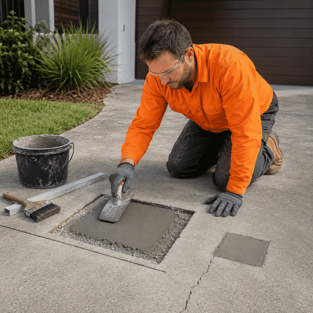 Tradesman repairing a damaged concrete driveway section at a Brisbane home