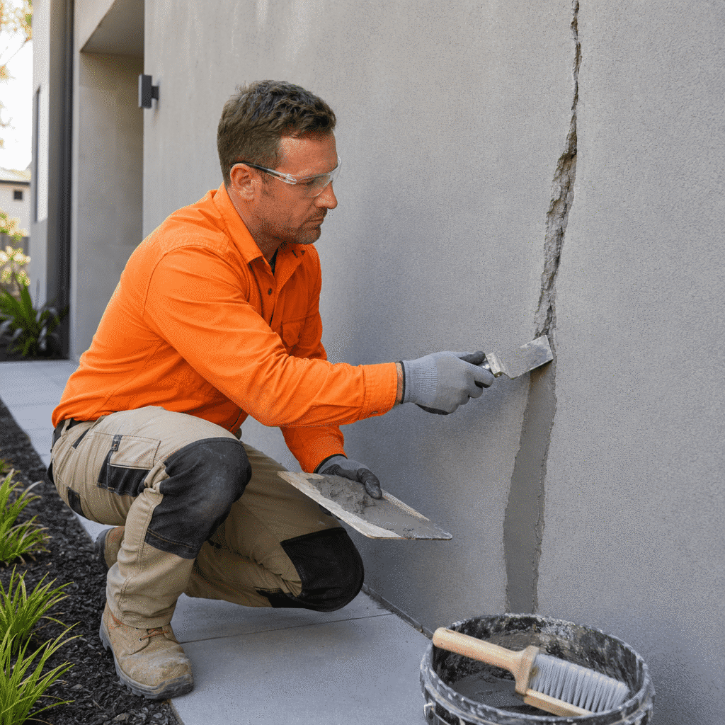 Tradesman applying repair mortar to a cracked exterior concrete wall at a Brisbane home