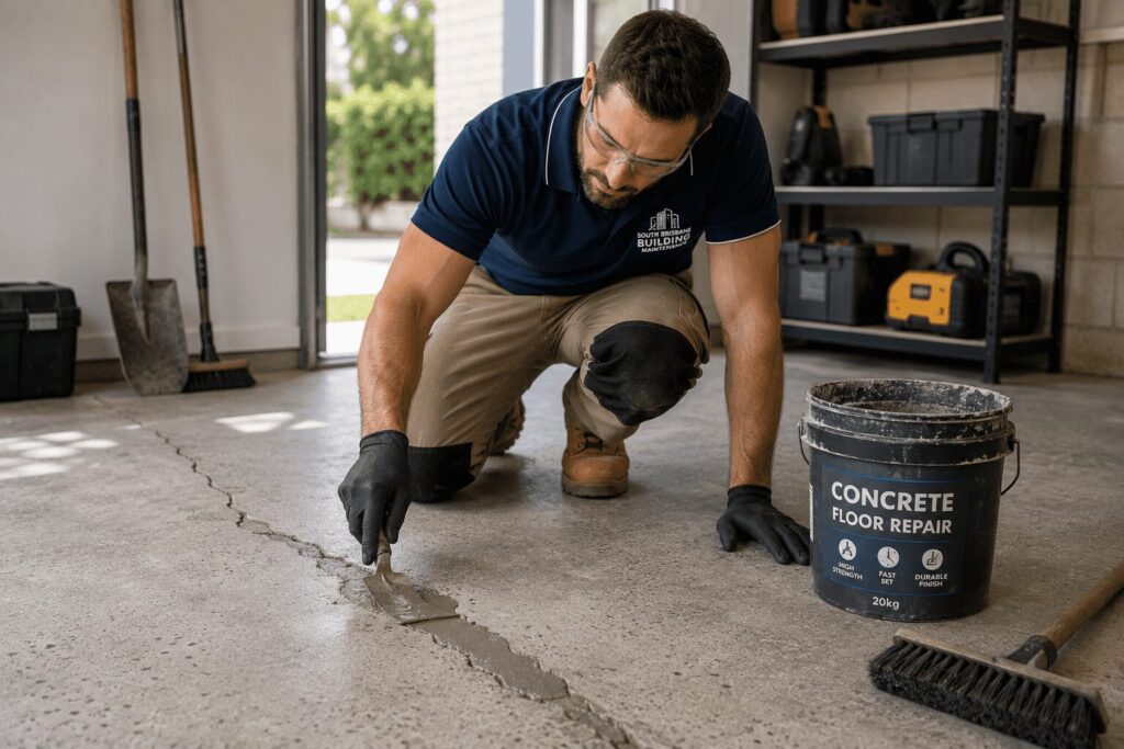 Technician repairing a cracked residential concrete floor using professional concrete repair compound for a smooth, durable finish.