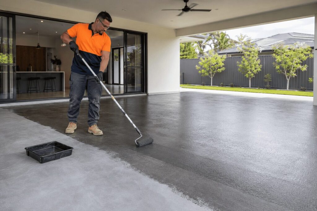 SBBM worker applying stain and sealer to a residential concrete patio in Brisbane.