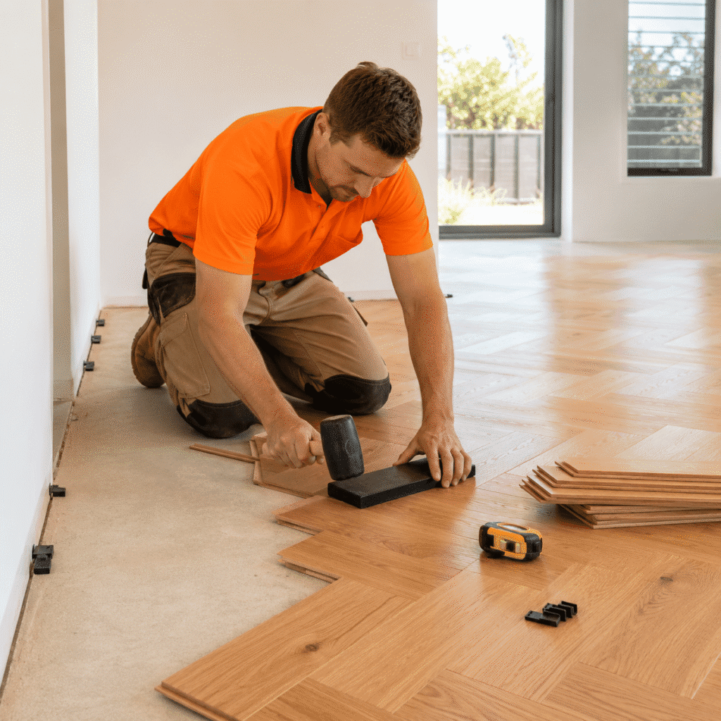 Flooring installer fitting custom-pattern timber flooring in a Brisbane home