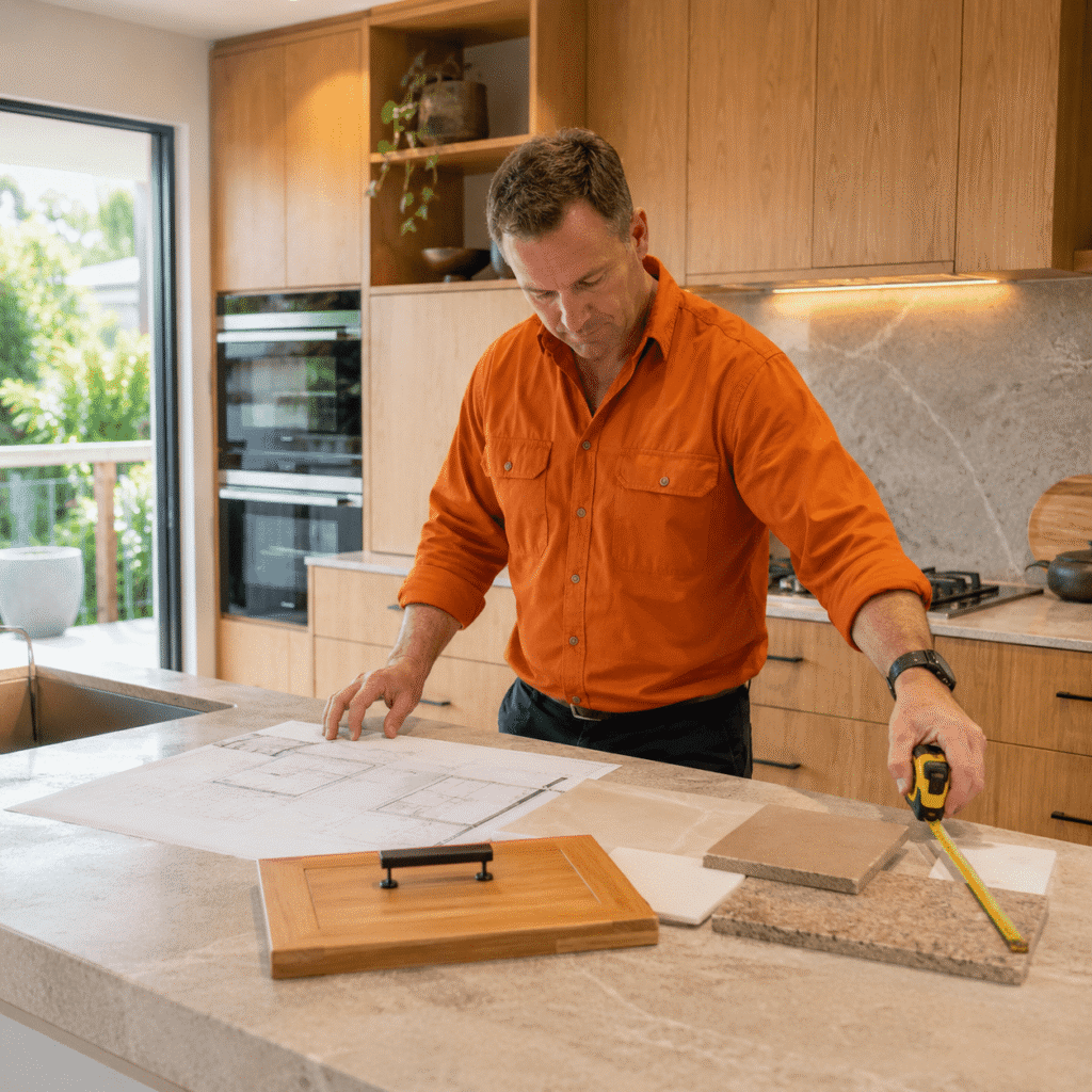 Kitchen designer reviewing cabinetry plans and material samples in a Brisbane home
