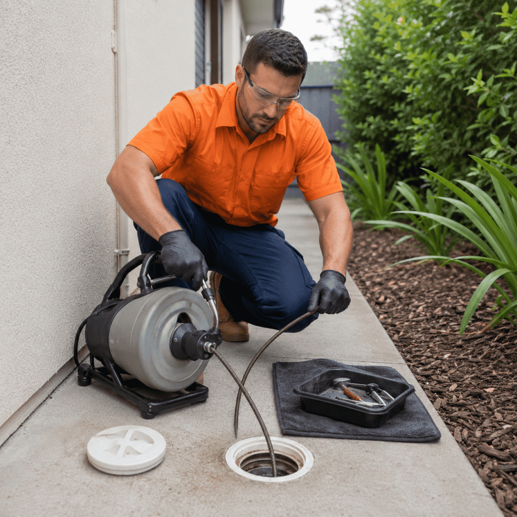Plumber using a drain-cleaning machine to clear a blocked drain at a Brisbane home