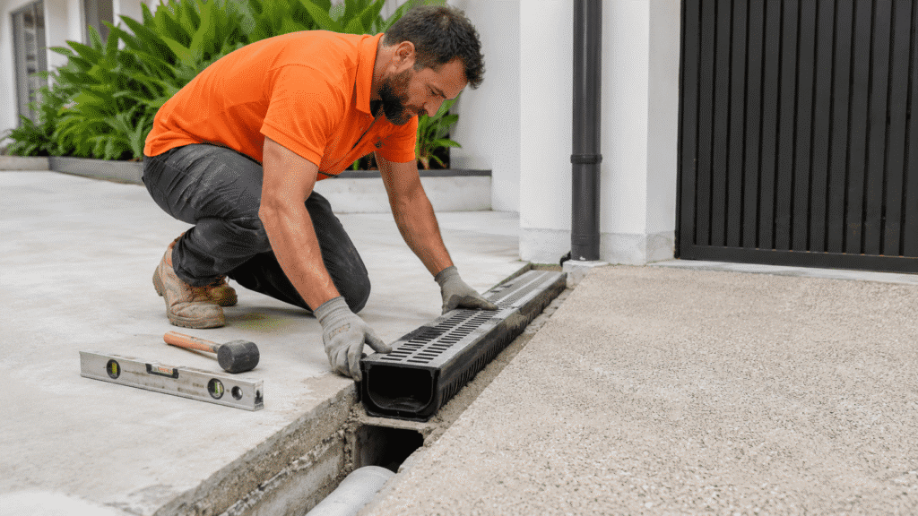 SBBM worker installing a channel drain beside a Brisbane property.