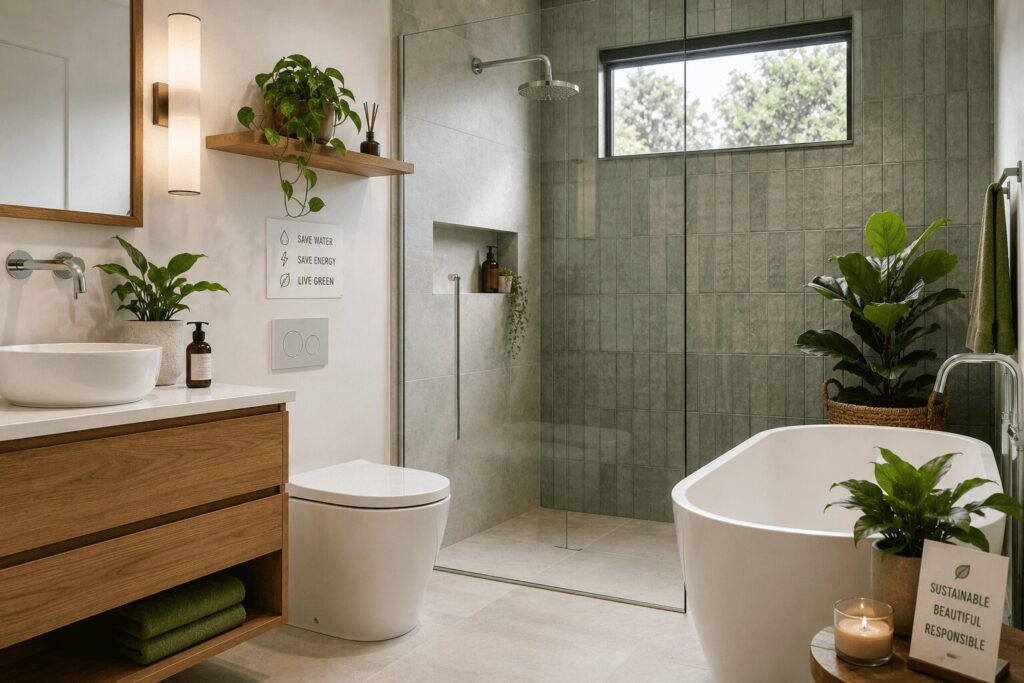 Modern eco-friendly bathroom featuring water-efficient fixtures, sustainable materials and energy-saving lighting in a residential home.