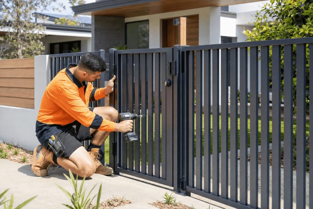 SBBM worker installing a modern aluminium fence and gate at a Brisbane home.
