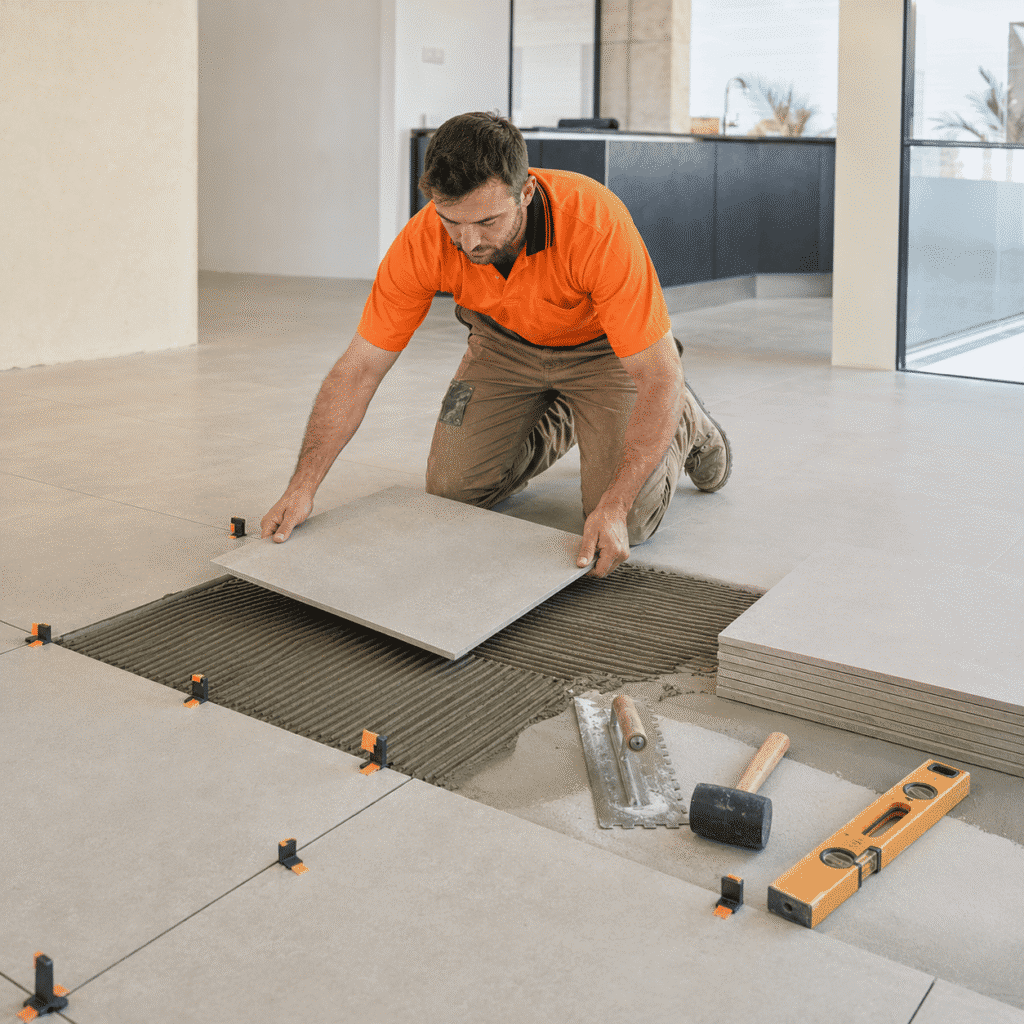 Tiler installing large porcelain floor tiles with levelling clips in a Brisbane home