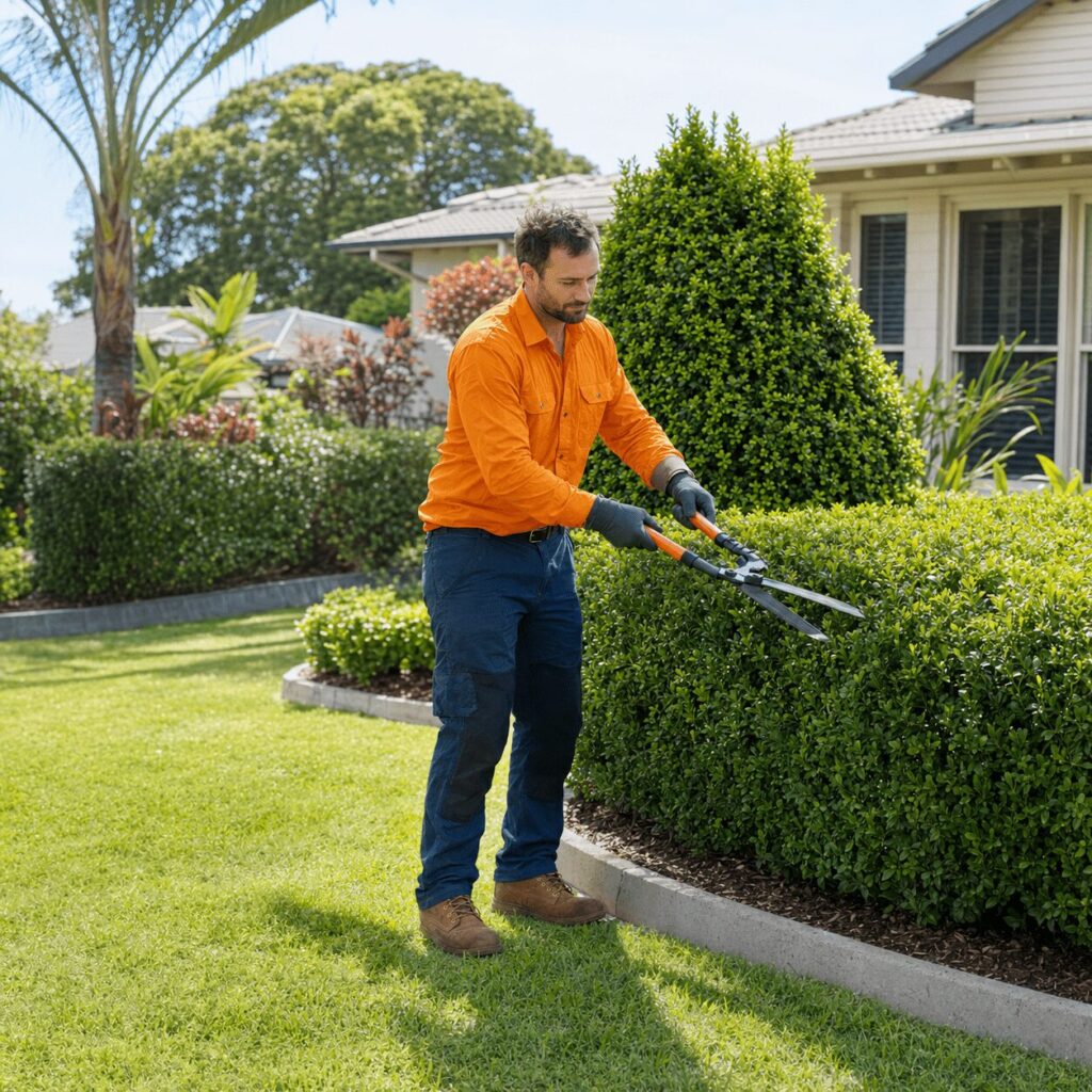 SBBM garden maintenance worker trimming hedges at a Brisbane home.