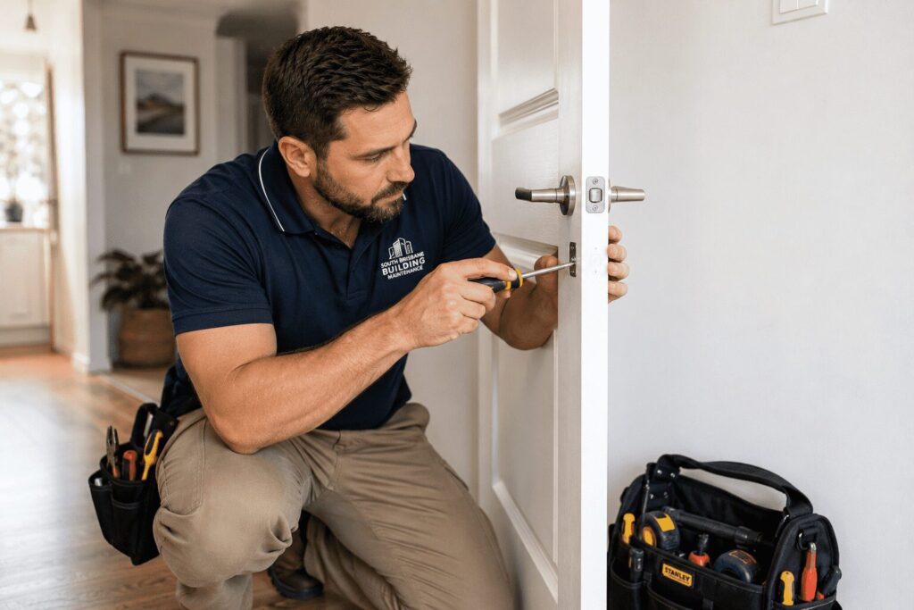 Professional handyman carrying out general home repairs by adjusting and repairing an interior door lock and handle.