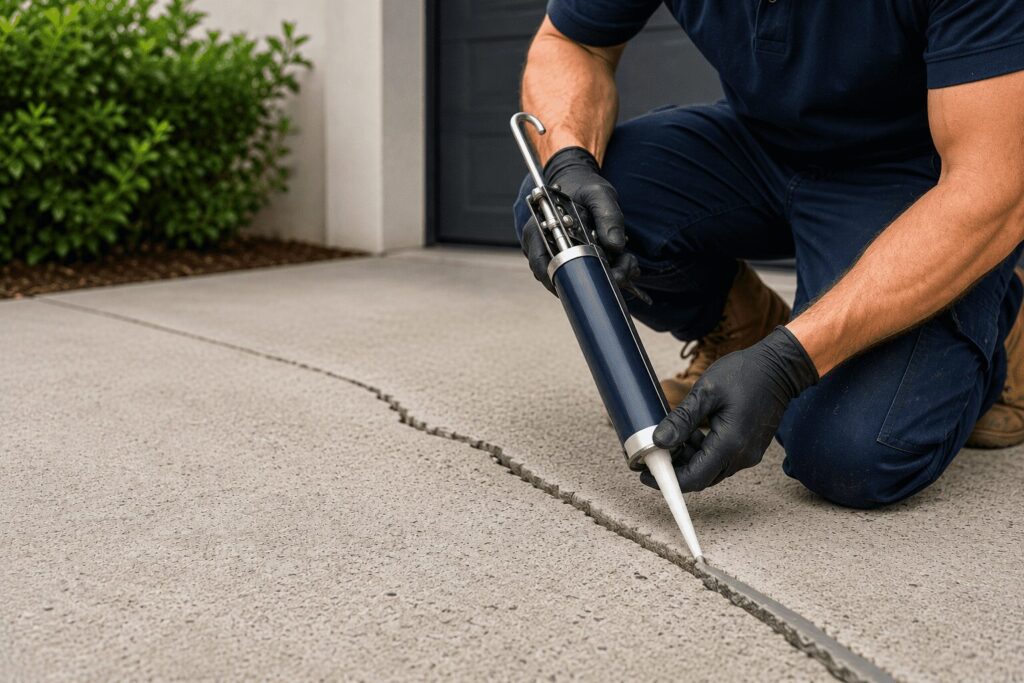 Technician repairing concrete joints and cracks with professional sealant on a residential driveway to prevent further damage.