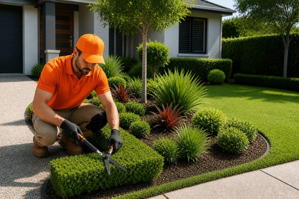 Landscaper trimming hedges and maintaining a neat front garden to improve the curb appeal of a residential property.