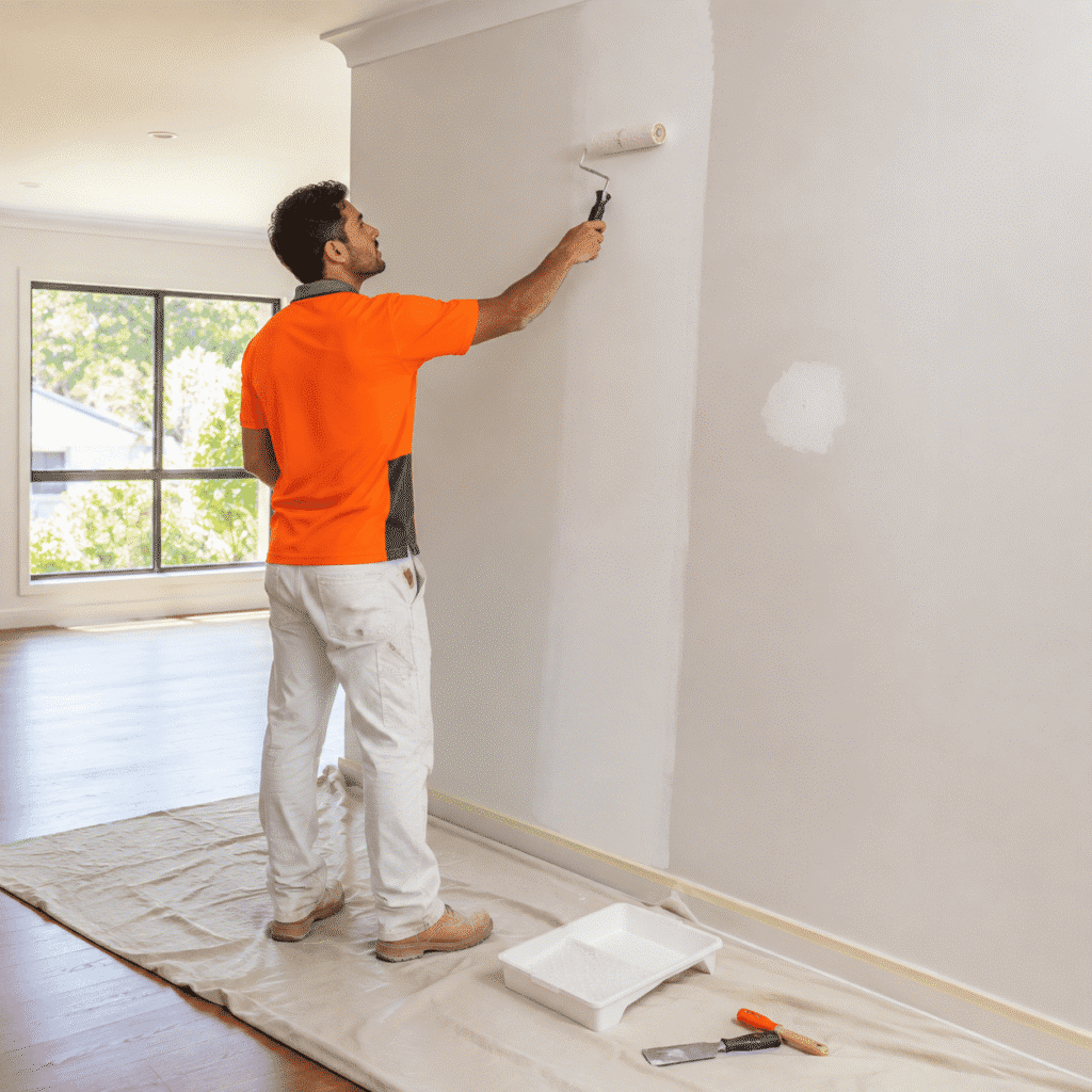 Tradesman refreshing an interior wall with fresh paint in a Brisbane rental property