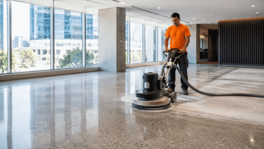 SBBM worker polishing a concrete floor at a Brisbane commercial property.