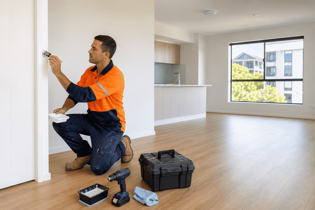 Tradesman completing paint touch-ups in a Brisbane rental property before new tenants move in.