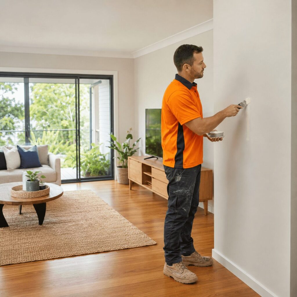 SBBM worker completing wall repairs during pre-sale home preparation in Brisbane.