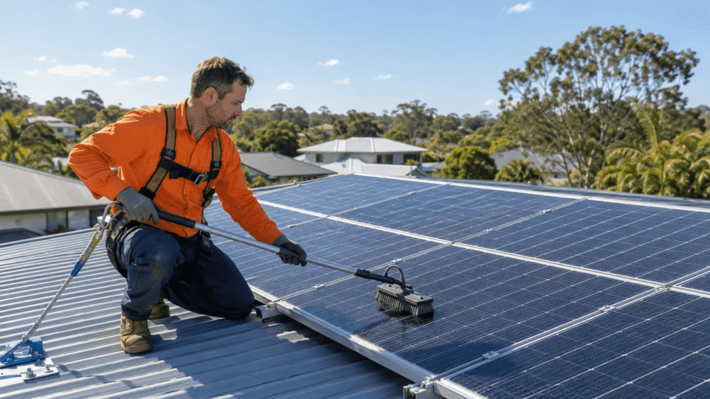 SBBM worker cleaning and inspecting rooftop solar panels at a Brisbane home.