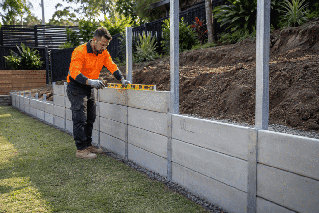 Tradesman constructing a concrete sleeper retaining wall at a Brisbane property