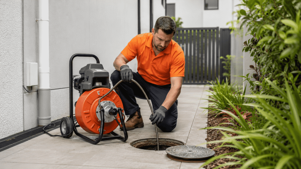 SBBM plumber using professional drain-cleaning equipment on a residential sewer line in Brisbane.